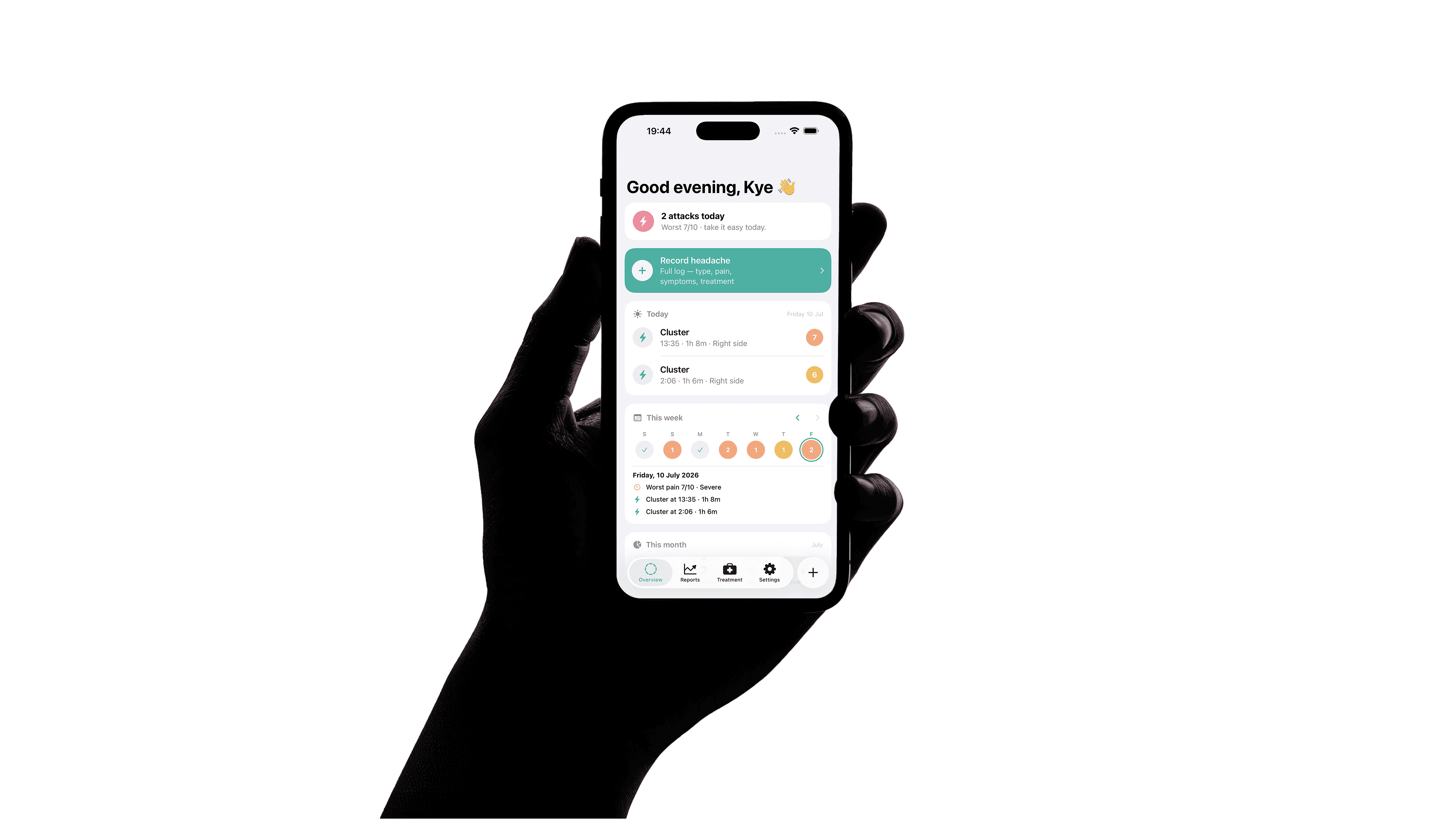 A hand holding an iPhone displaying the Cranio headache tracking dashboard